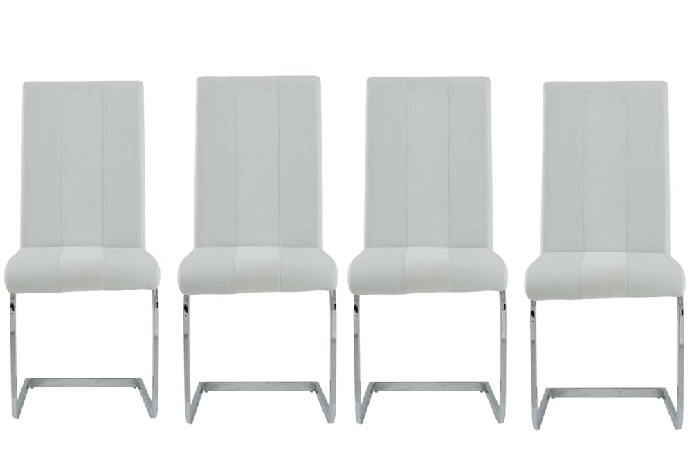 Set of Four White and Silver Upholstered Faux Leather Dining Side Chairs