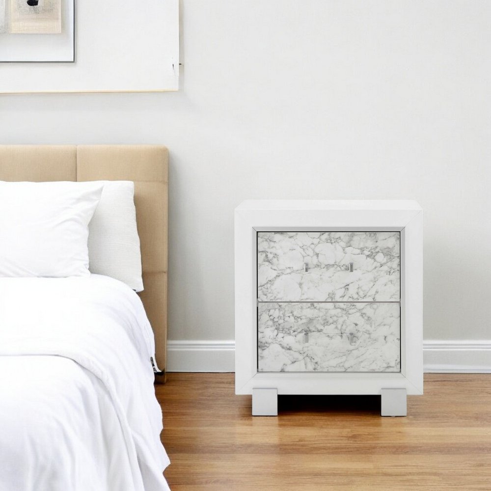 29" White Wood Two Drawer Nightstand