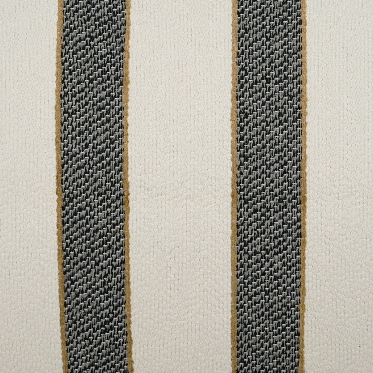 Beige fabric with two vertical dark gray woven stripes edged in gold piping.