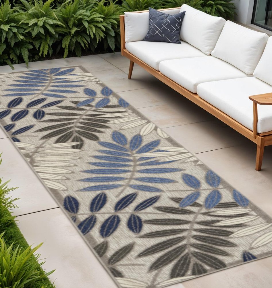6' Blue And Gray Floral Indoor Outdoor Area Rug