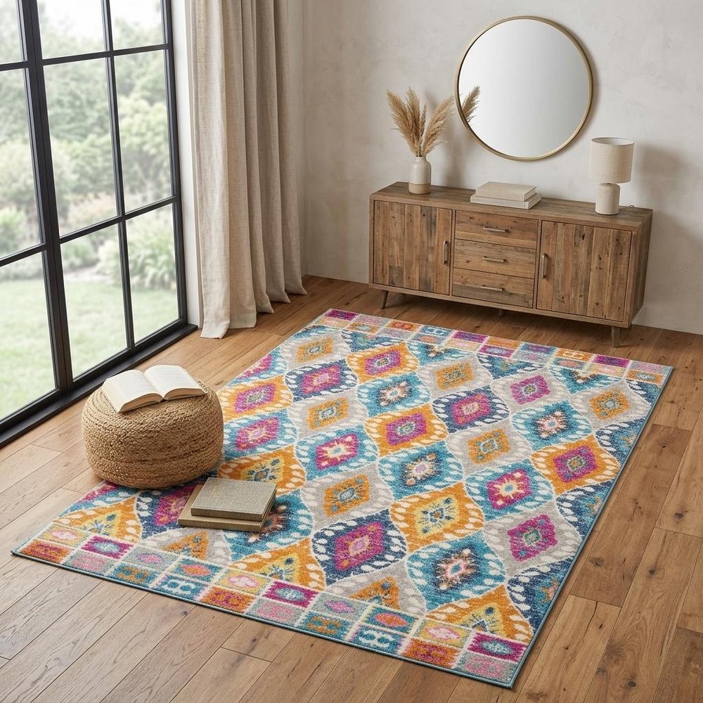 4' X 6' Gray Blue And Orange Ogee Distressed Area Rug