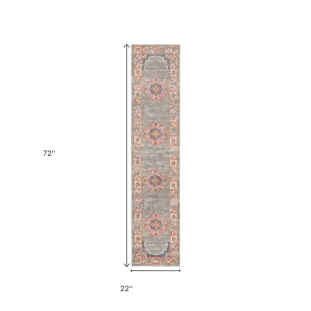 6' Gray And Gold Medallion Distressed Runner Rug