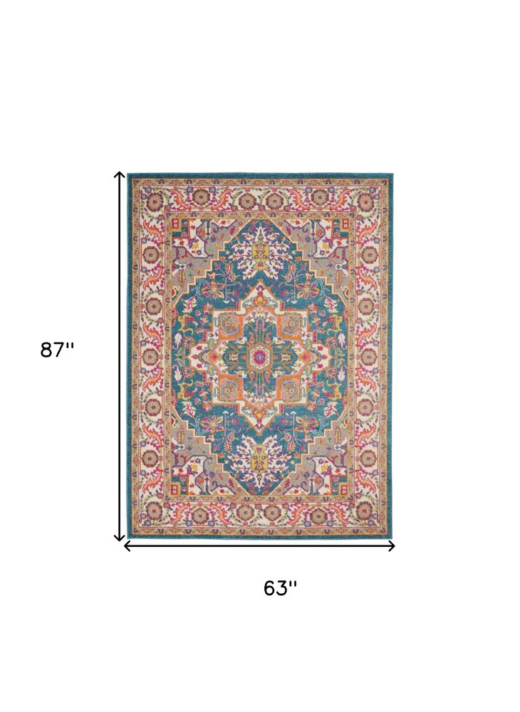 8' X 10' Teal And Ivory Medallion Distressed Area Rug