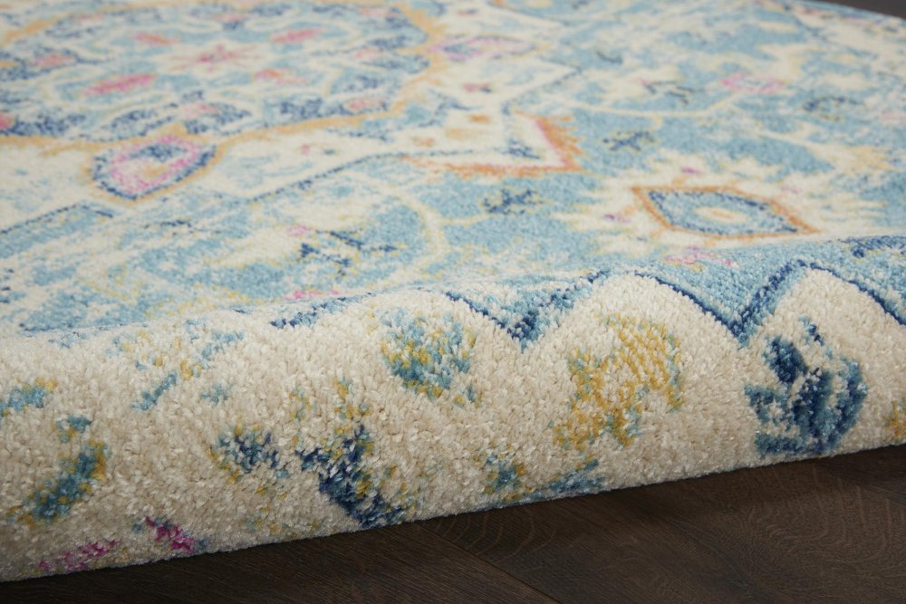 8' Ivory And Blue Oriental Distressed Round Rug