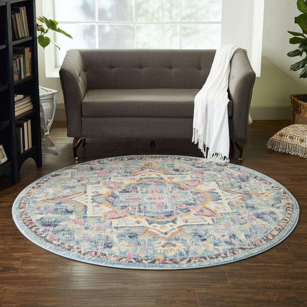 5' Ivory And Blue Oriental Distressed Round Rug
