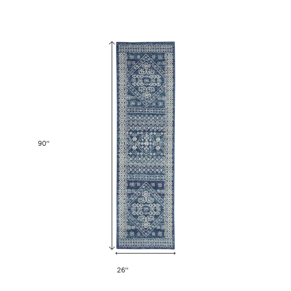 8' Navy Blue And Ivory Tribal Runner Rug