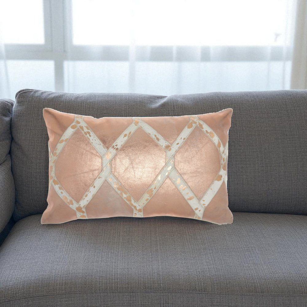 12" X 20" Rose Gold and White Metallic and Cowhide Throw Pillow