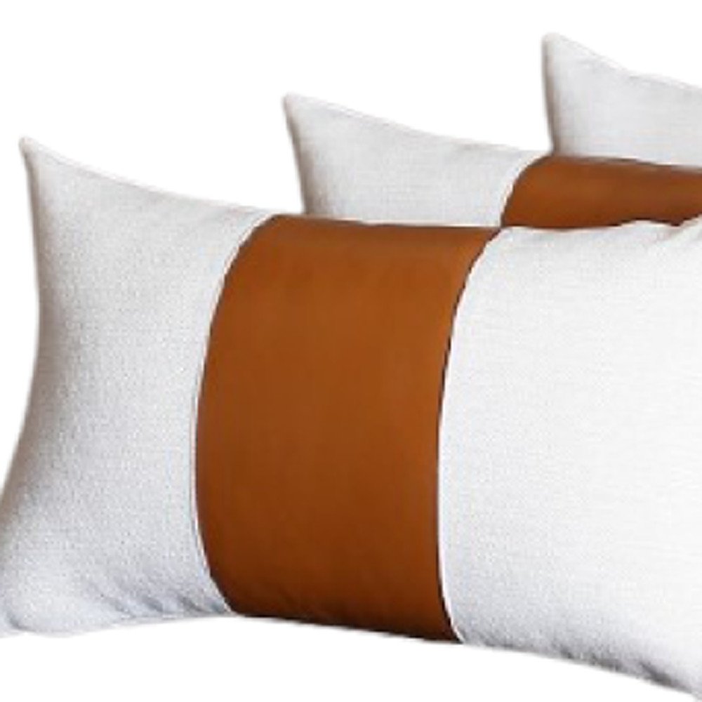 Set of Four 12" X 20" Brown And White Faux Leather Throw Pillow Covers