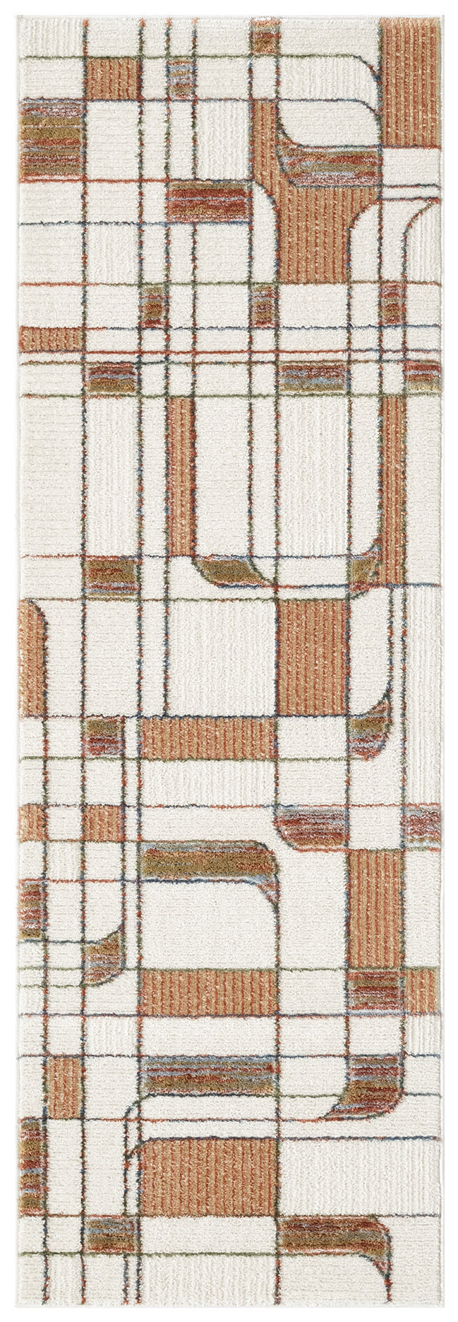 Cream mid-century modern 6' runner rug with rust-orange plaid grid and blue accents; soft plush pile, geometric design.