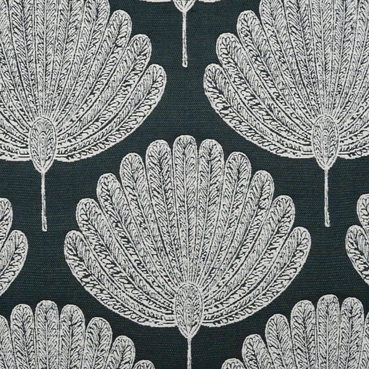 Dark teal fabric with a repeating white palm-fan botanical pattern; bold, elegant textile for upholstery or curtains.