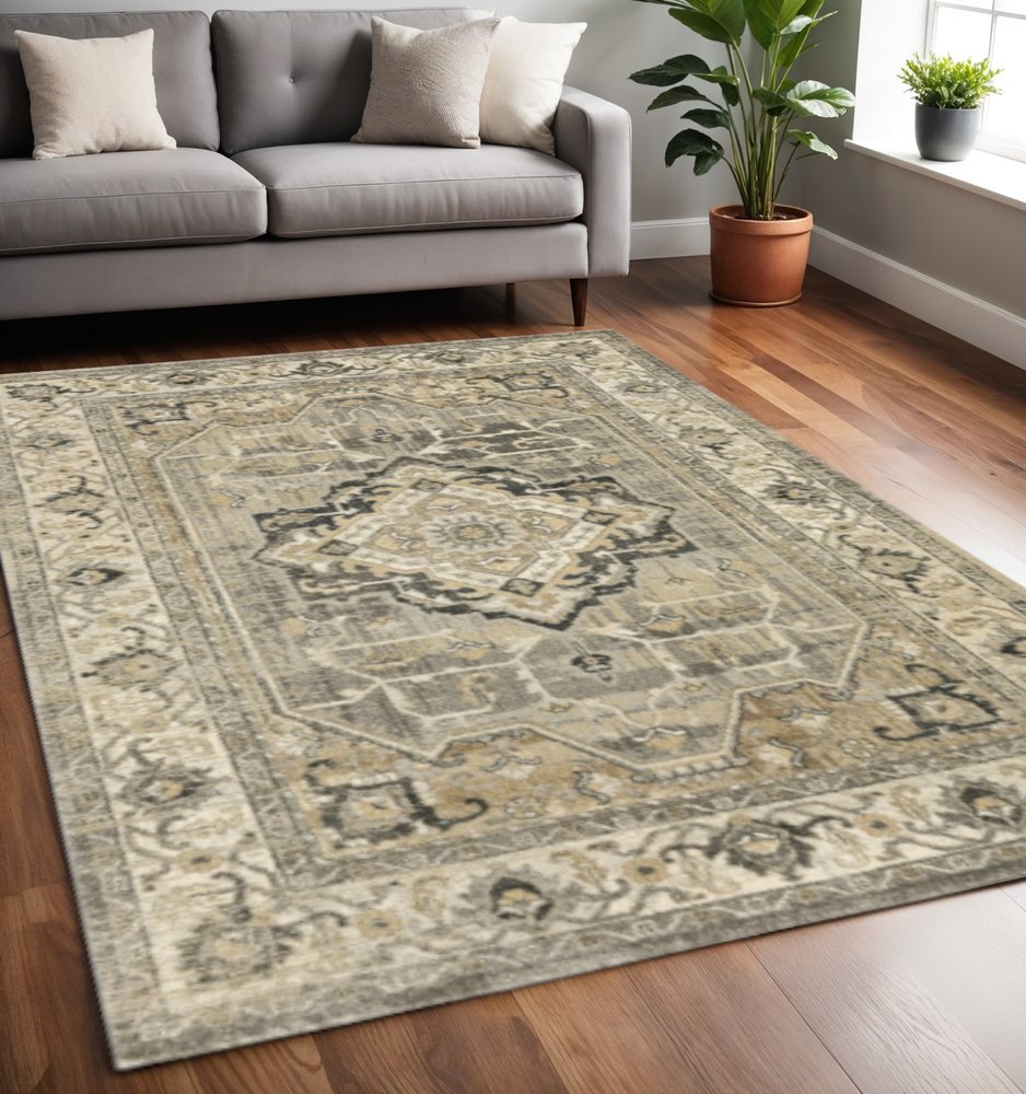 2' X 8' Beige And Gray Traditional Medallion Indoor Runner Rug