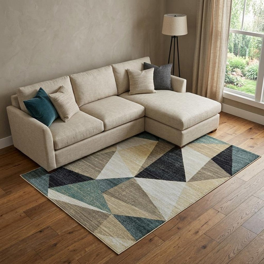 10' X 13' Gray And Teal Geometrics Indoor Area Rug