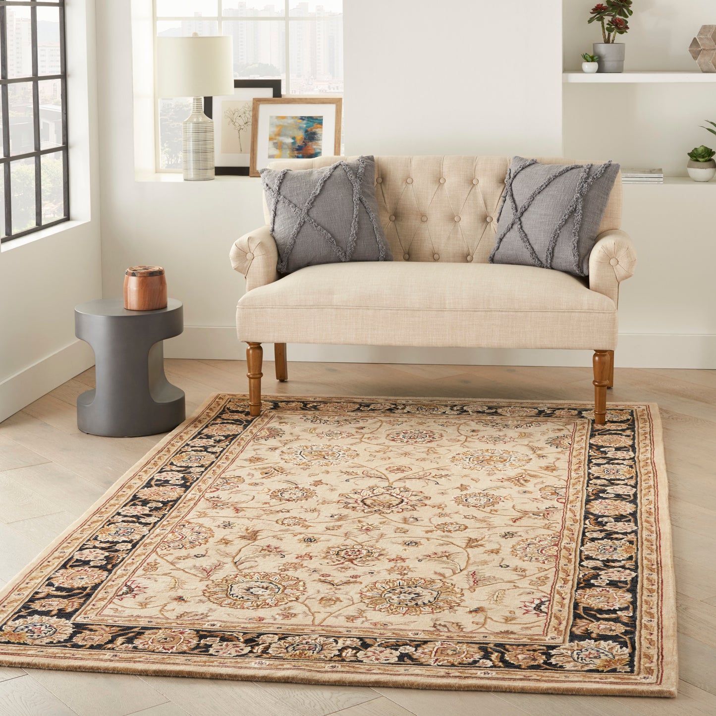 Beige Persian-style rug with dark border in a bright living room.