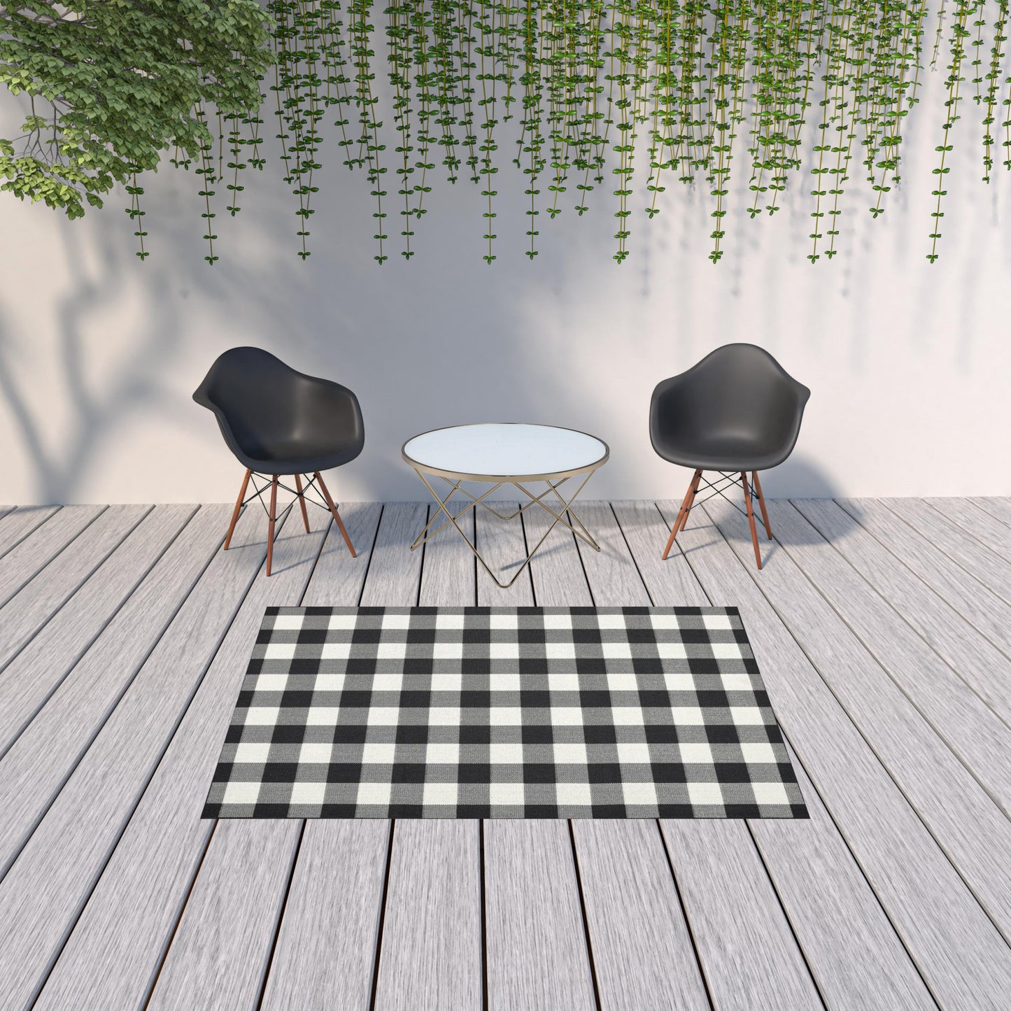8' X 8' Black and Ivory Indoor Outdoor Area Rug