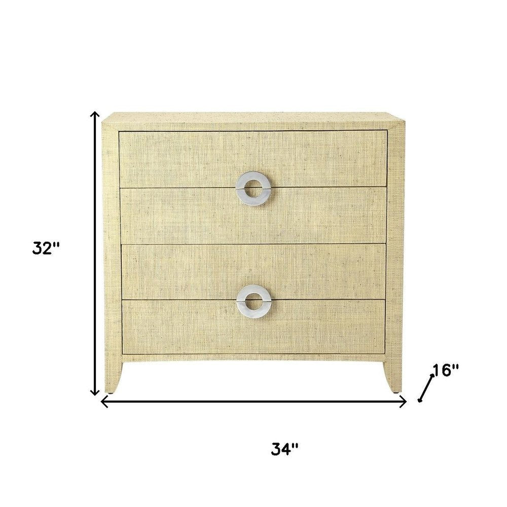 Beige manufactured wood four-drawer chest, 34 inches wide.