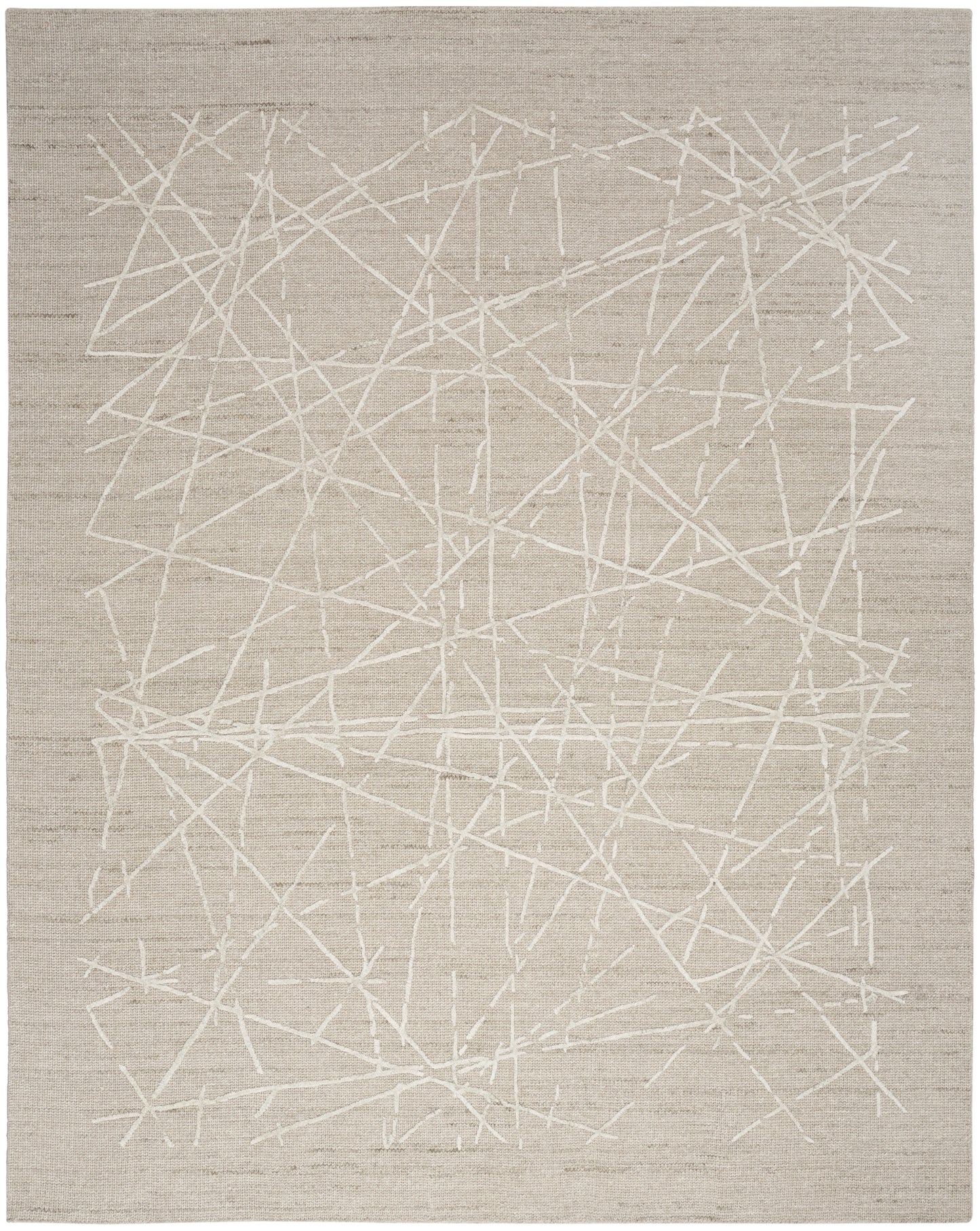 Beige flatweave rug with white abstract crisscross lines; modern geometric accent for living spaces.