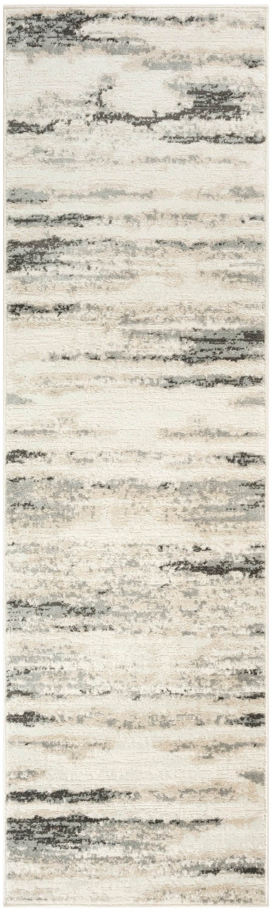 Long beige runner rug with abstract gray brush-stroke pattern; modern, low-pile hallway decor.