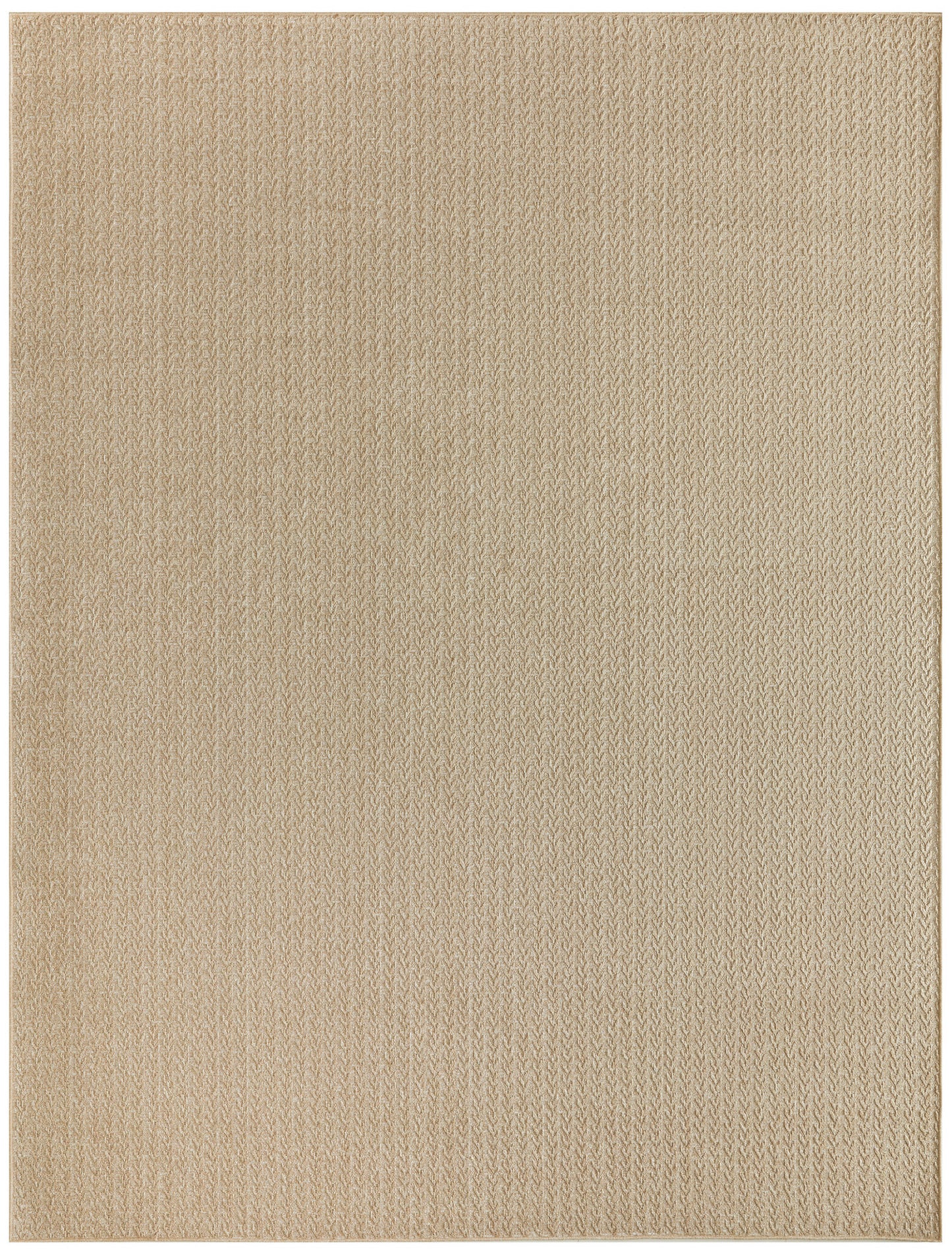 Beige-gold rectangular outdoor rug with a subtle herringbone weave; soft, versatile floor decor.