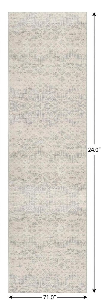2' X 5' Ivory and Gray Ikat Power Loom Distressed Area Rug