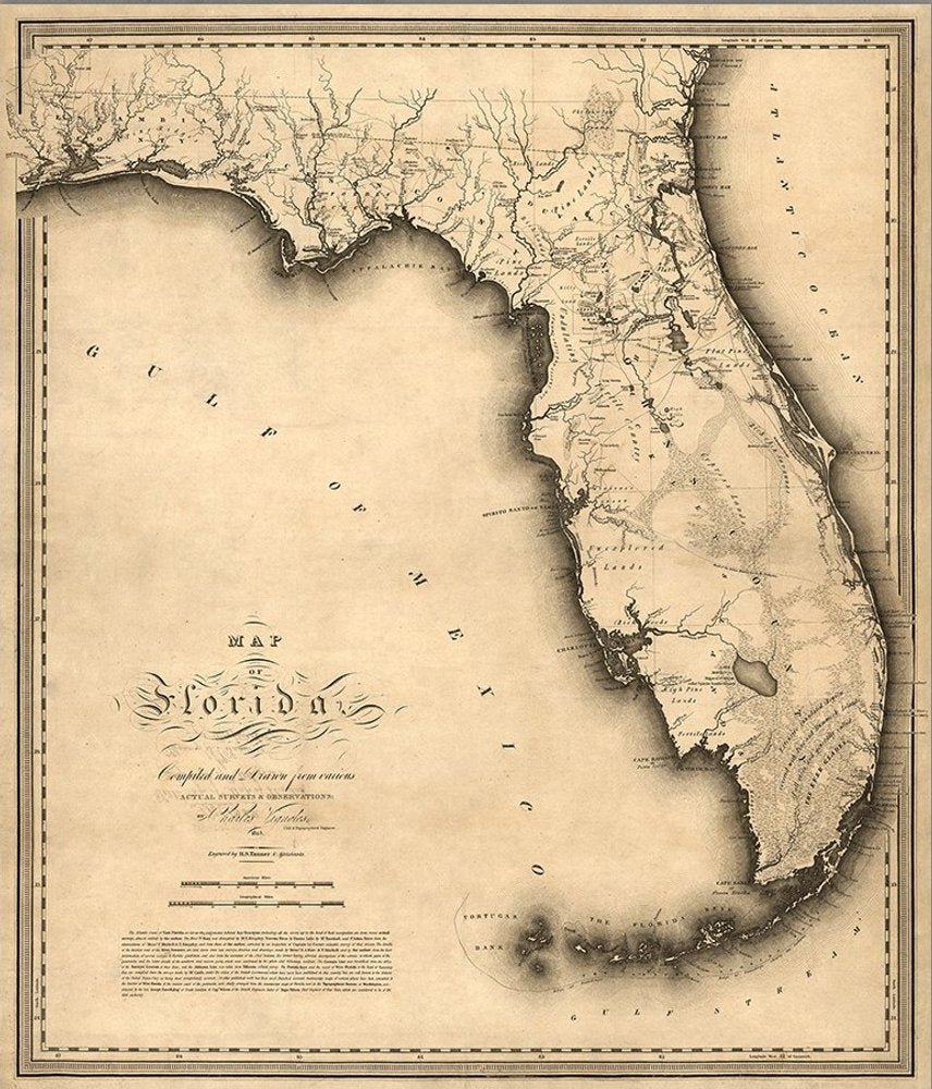 16" X 20" C1823 Early Map Of Florida Vintage Poster Wall Art