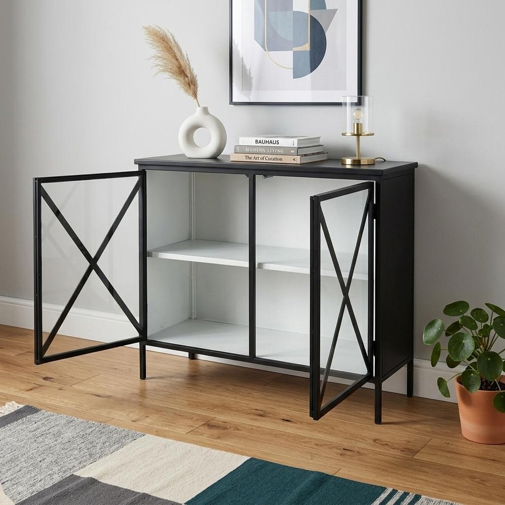 41" Black Iron Sideboard with Two Glass Doors