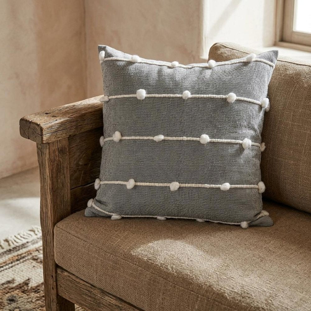 20" Gray and White Striped Linen Throw Pillow Cover With Embroidery and Pom Poms