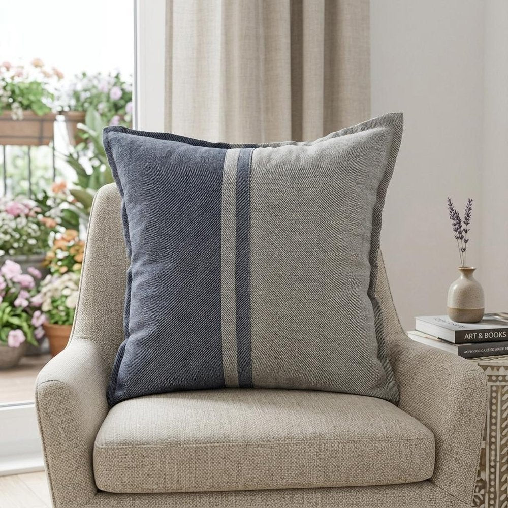20" Blue And Gray Striped Linen Throw Pillow Cover