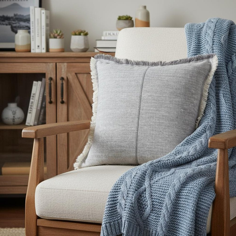 Fringed Blue And Beige Square Accent Pillow Cover