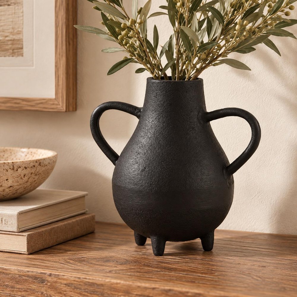 8" Black Two Handle Ceramic Jug Vase