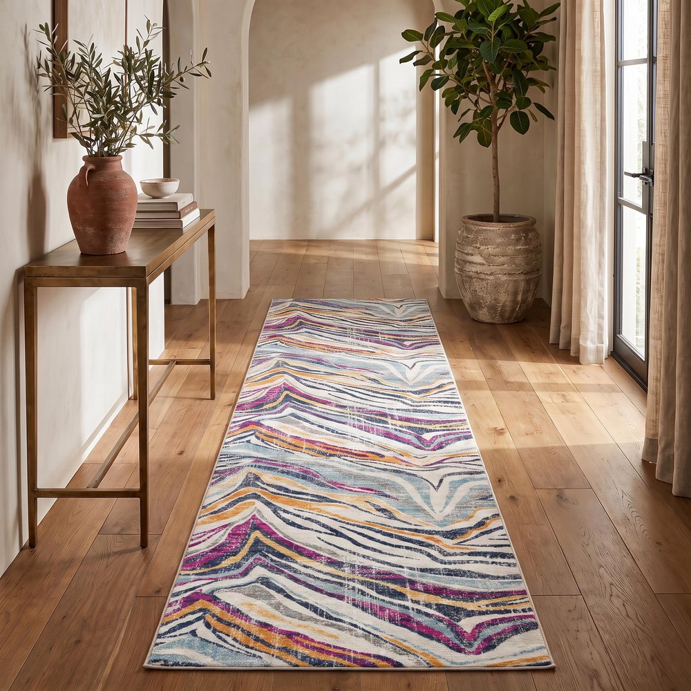 10' Blue And Gold Abstract Runner Rug
