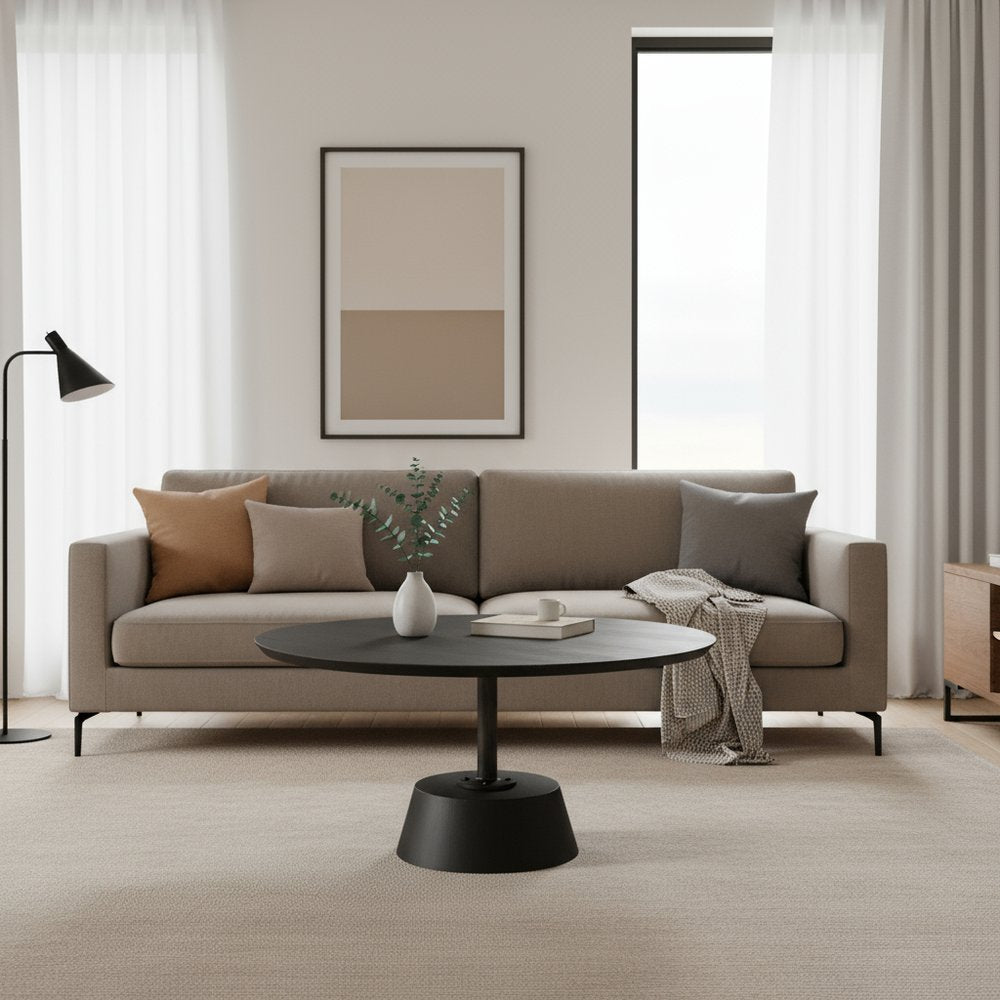 32" Dark Brown and Black Solid Wood and Iron Round Pedestal Coffee Table