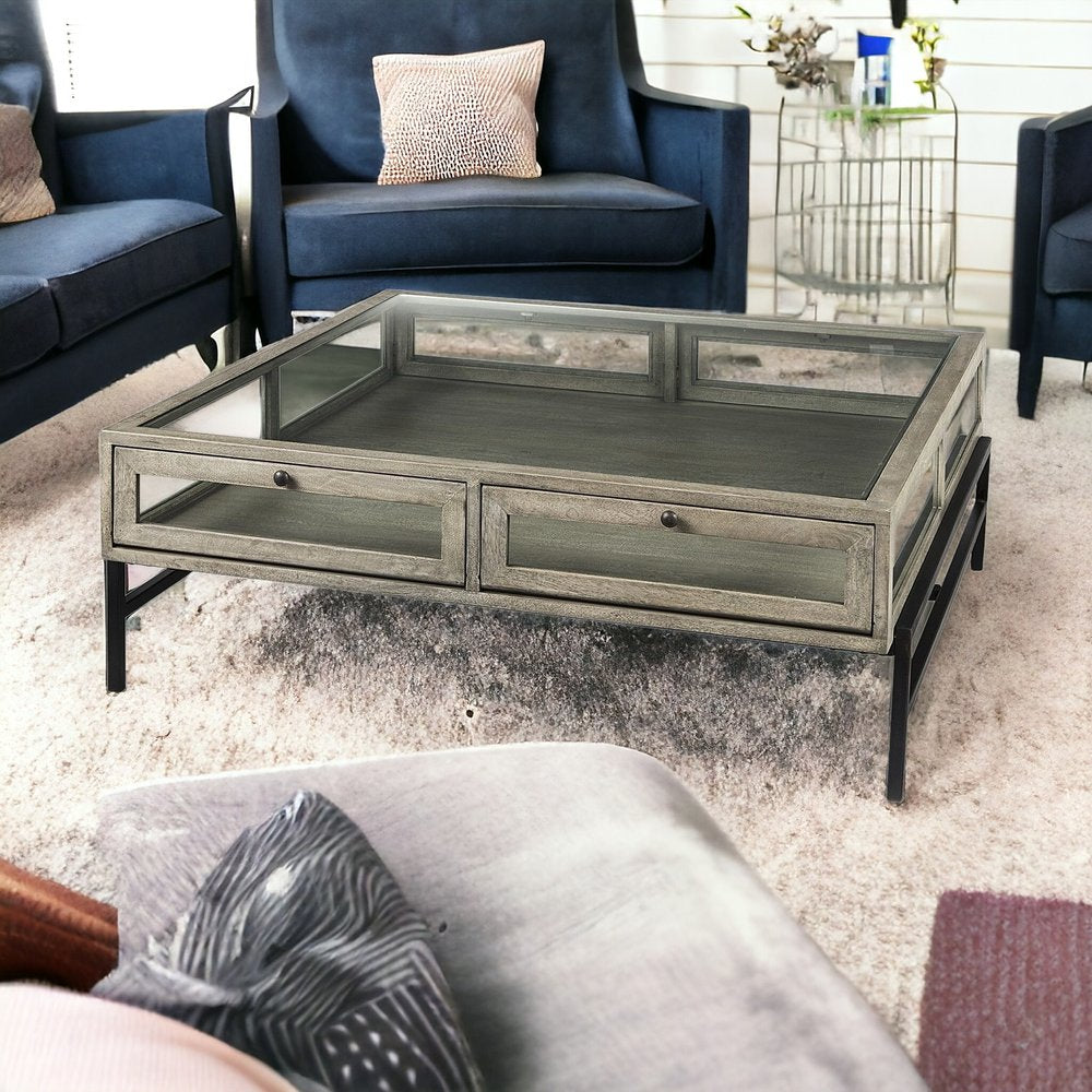 42" Gray and Black Glass and Metal Square Coffee Table With Shelf