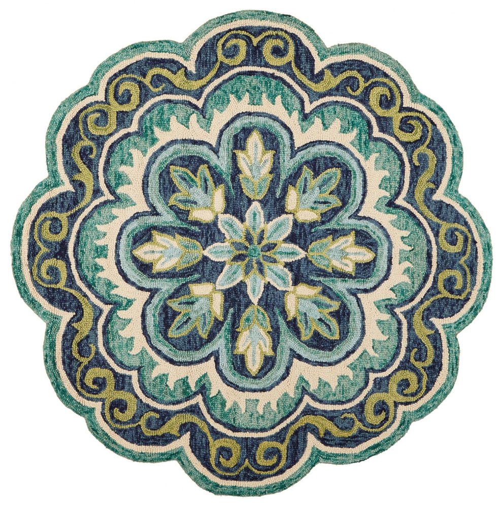 6' Green And Ivory Wool Geometric Hand Tufted Round Rug