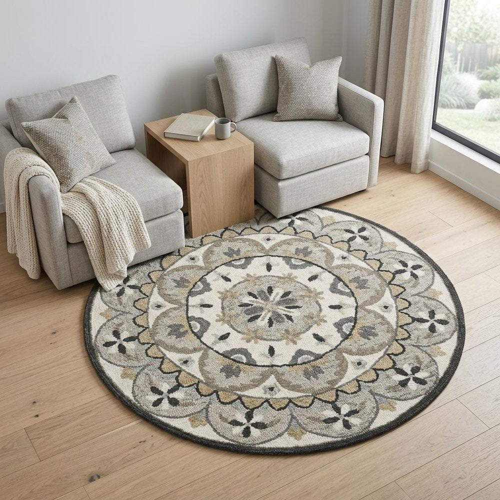 6' Gray and Ivory Round Wool Floral Handmade Area Rug