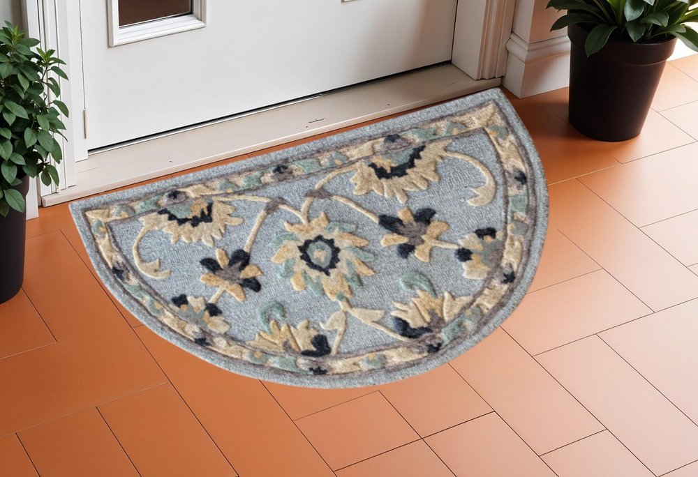 3' Beige And Blue Wool Floral Hand Woven Round Rug