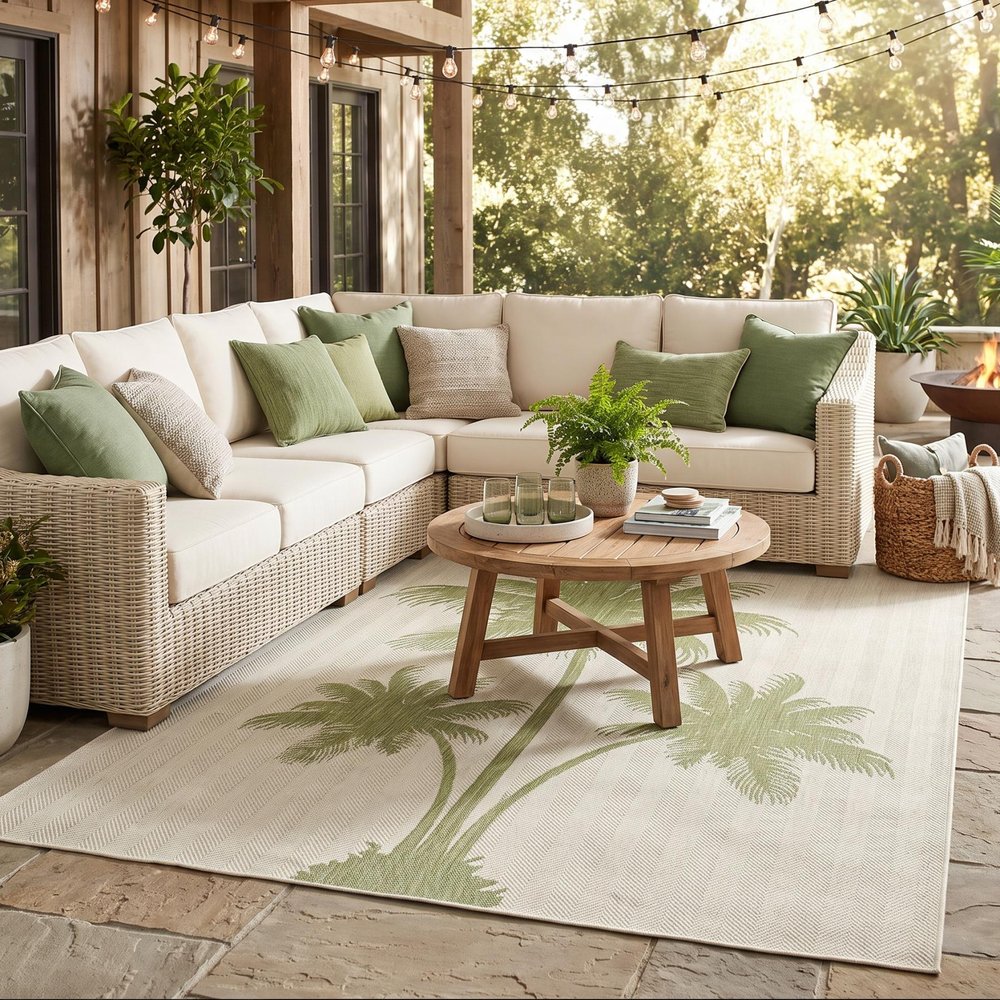 5' X 7' Beige And Green Palm Tree Indoor Outdoor Area Rug