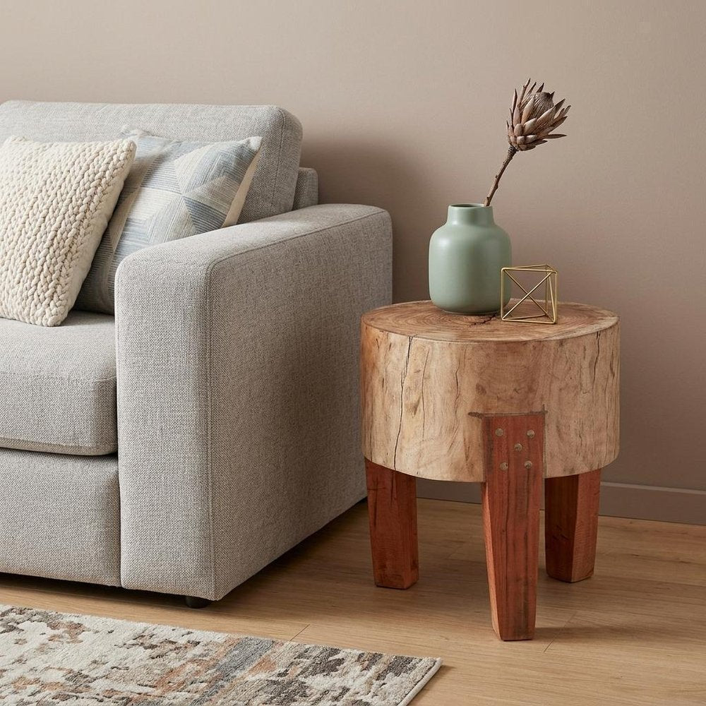 15" Dark Brown And Brown Distressed Reclaimed Wood Round End Table