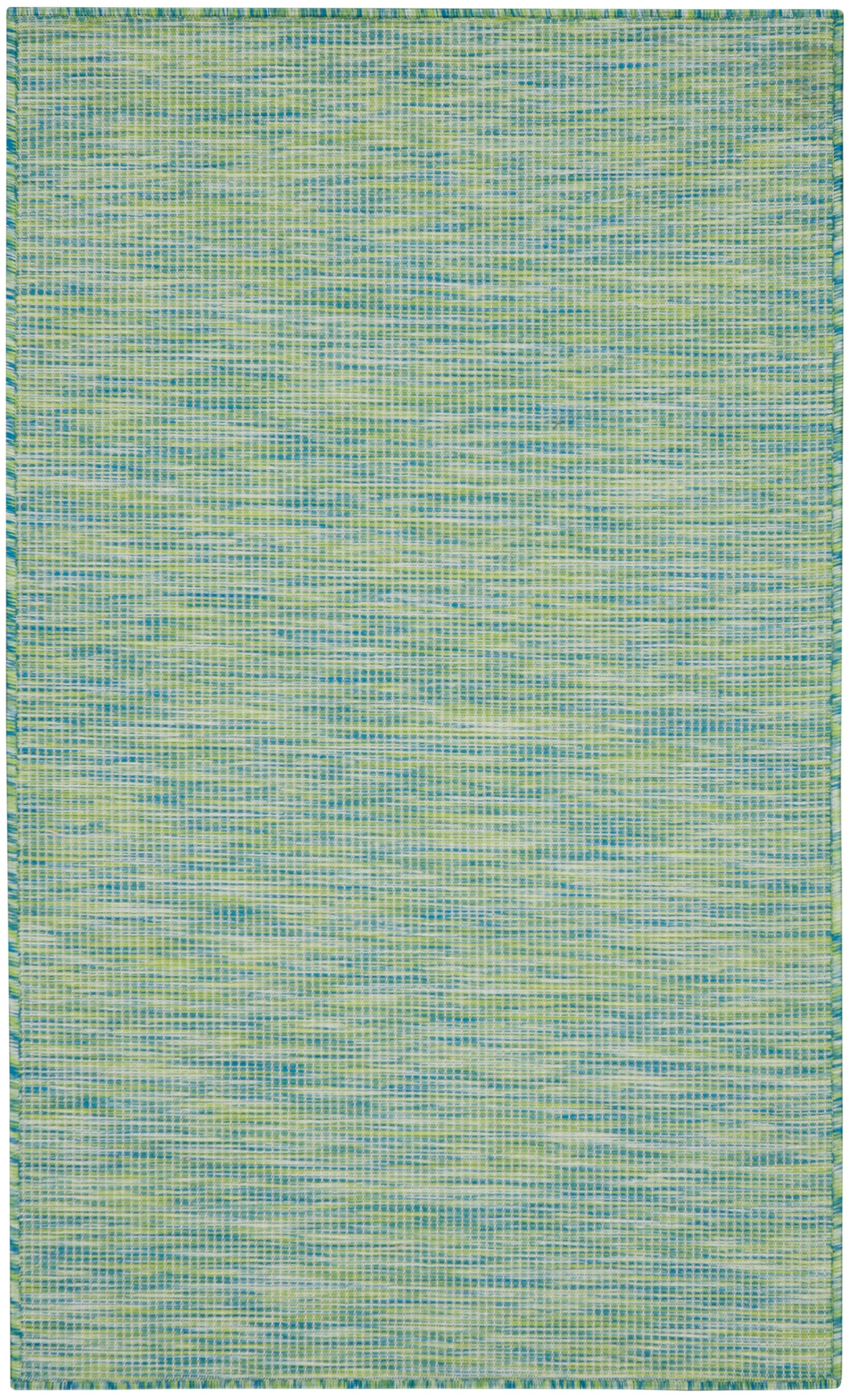 Rectangular woven rug in blue, green and yellow hues with a subtle grid pattern and teal border.