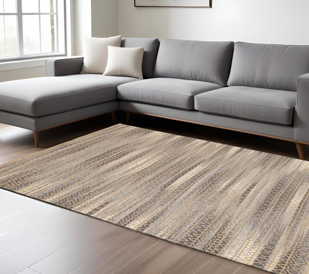 9' X 12' Gray and Tan Striated Runner Rug