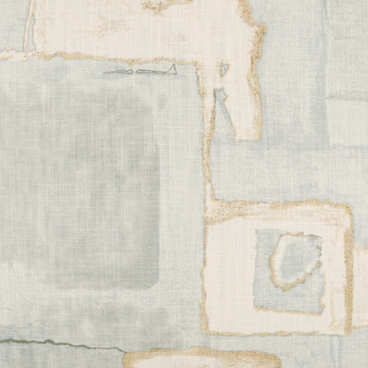 Soft woven patchwork fabric in sky blue, ivory and taupe with geometric square blocks.