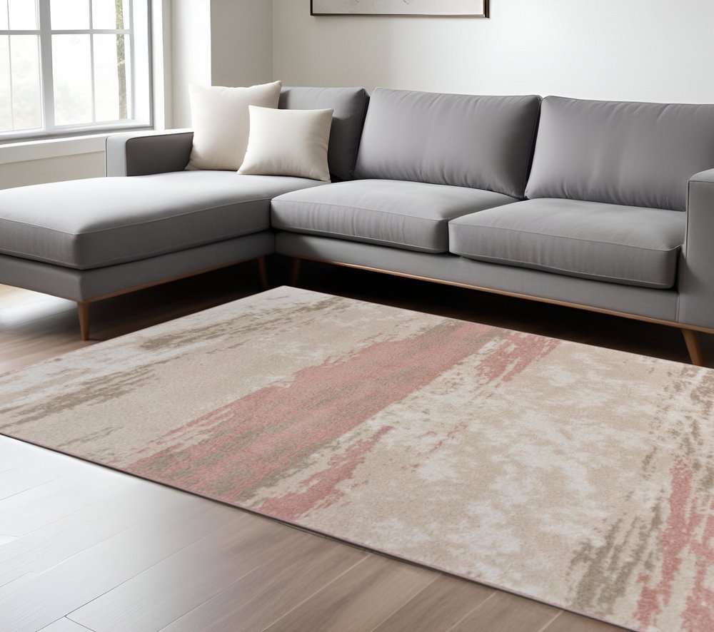 8' X 10' Ivory Beige and Blush Abstract Area Rug