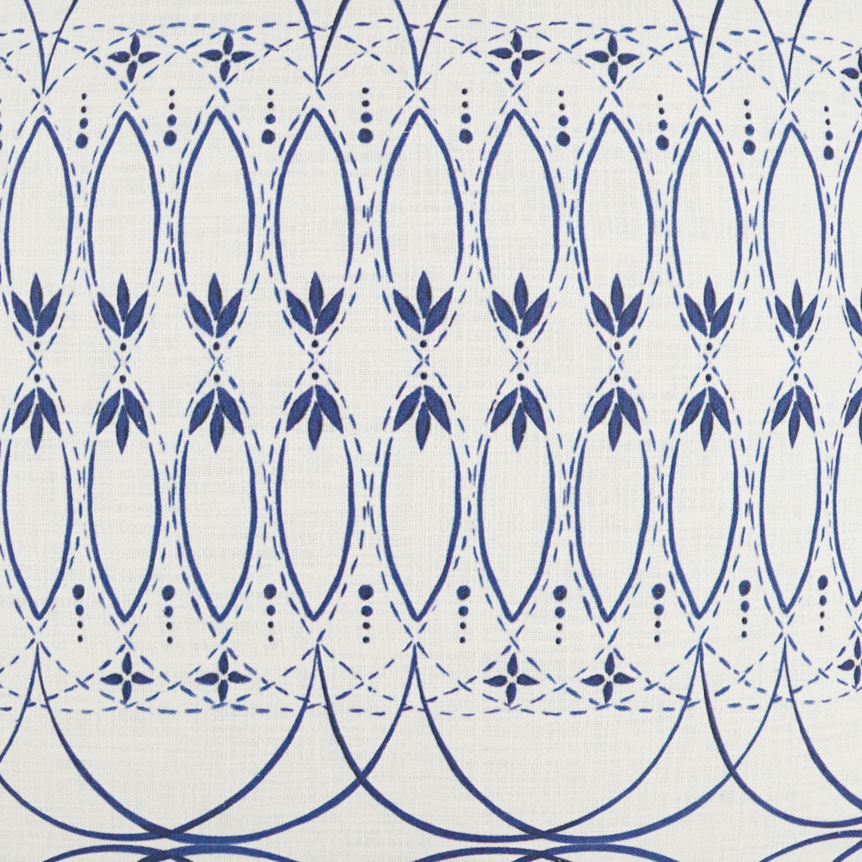 Blue geometric lace-like print on white fabric with repeating oval loop motifs and floral accents.