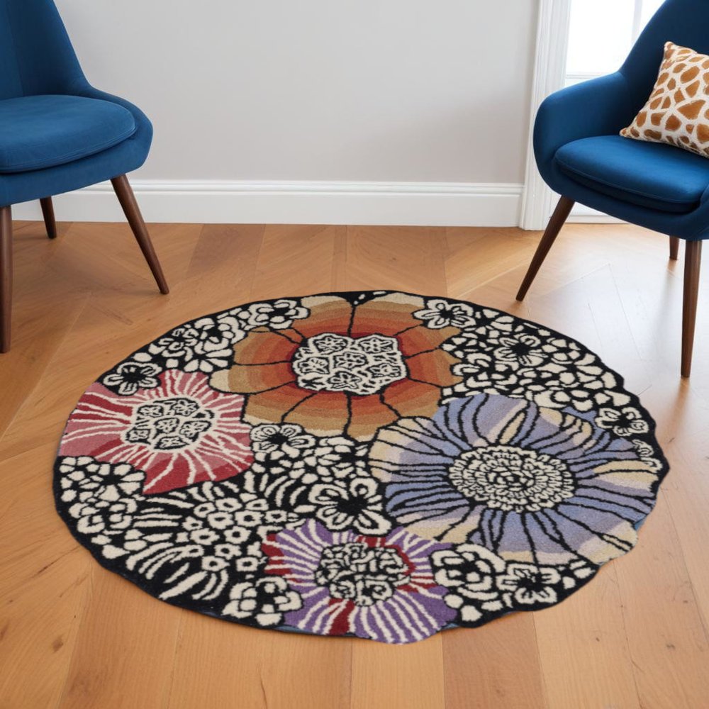 6' Round Red and Black Floral Blossom Area Rug