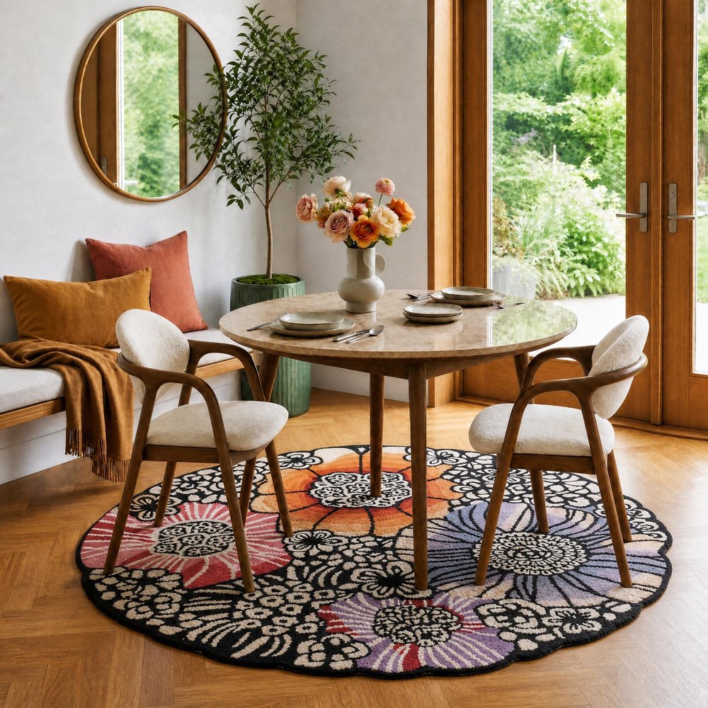 6' Round Red and Black Floral Blossom Area Rug