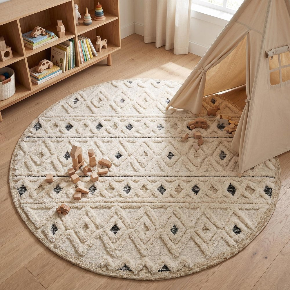 4' Round Cream and Blue Stripe Diamond Area Rug