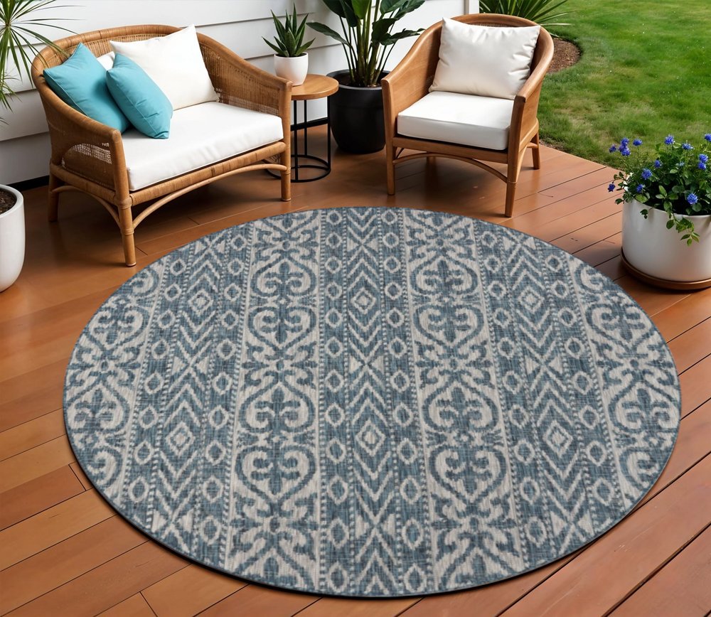 8' X 8' Blue And Gray Round Indoor Outdoor Area Rug