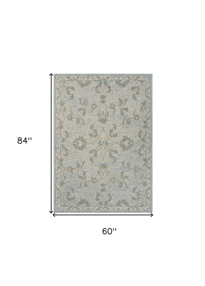 7' Blue And Ivory Round Wool Hand Tufted Area Rug