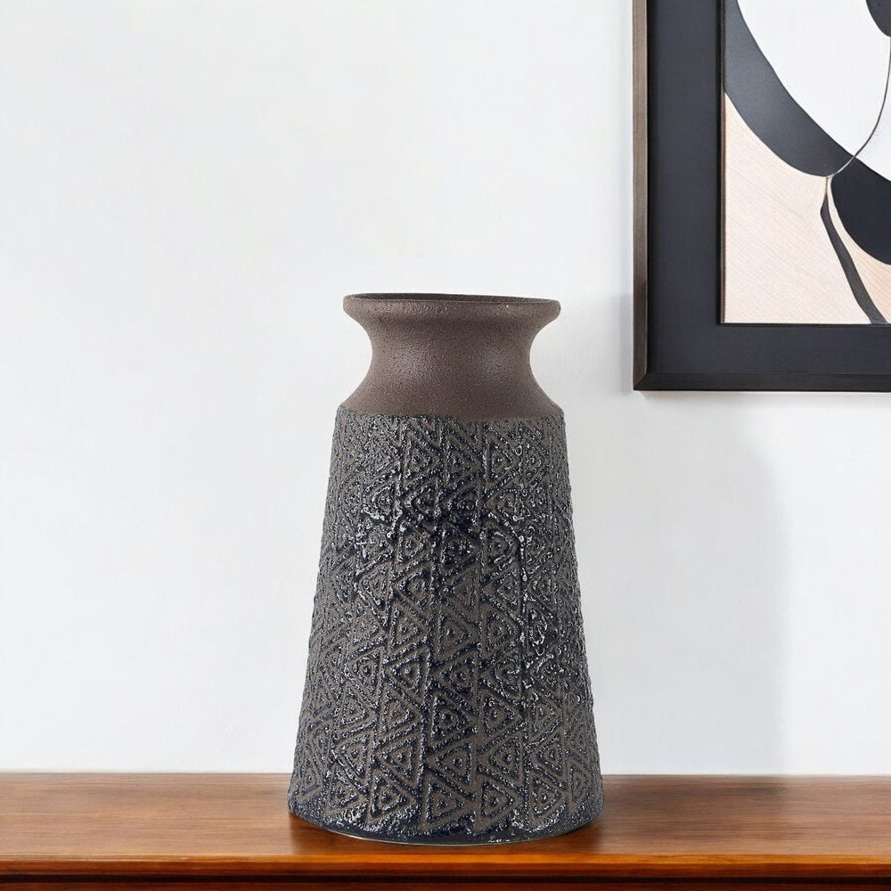 11" Brown and Blue Tribal Ceramic Vase