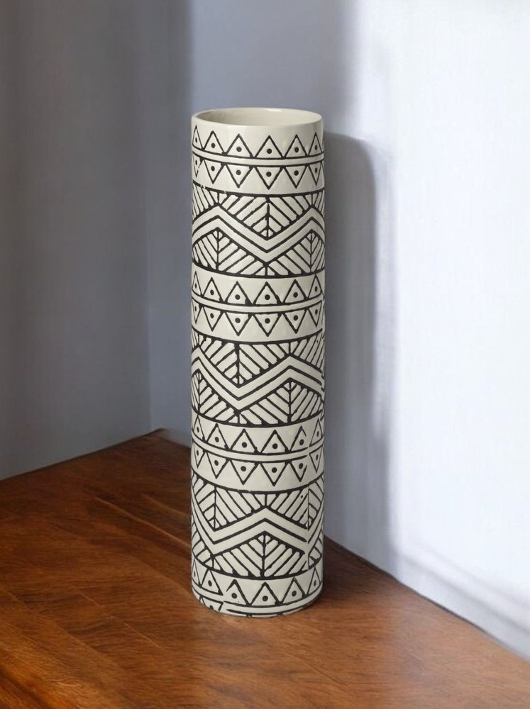 14" Cream Geometric Cylinder Ceramic Table Vase