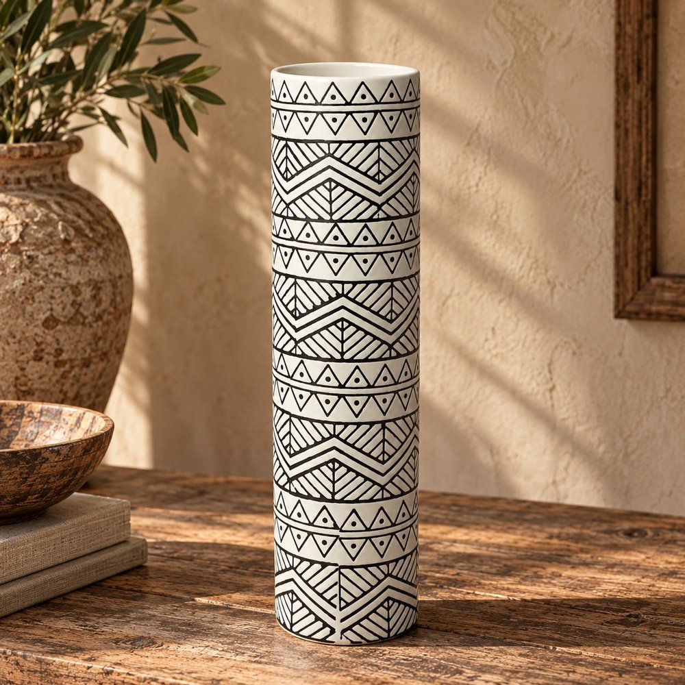 17" Cream and Charcoal Geometric Cylinder Ceramic Vase